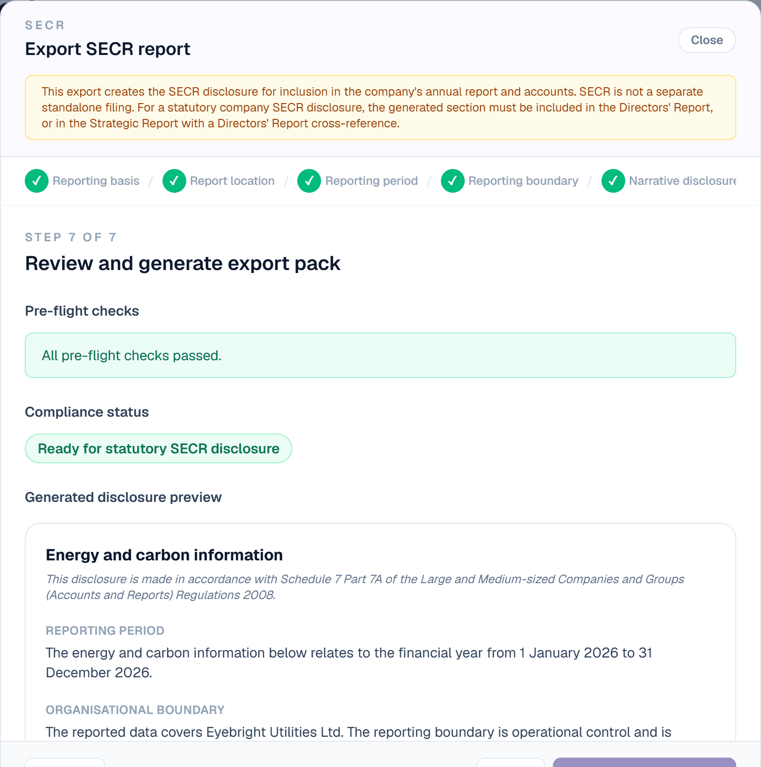 Periscope SECR software showing the review step of the SECR export wizard, with a green “Ready for statutory SECR disclosure” status and a generated energy-and-carbon disclosure preview.